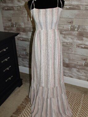 Neutral Striped Linen Smocked Maxi Dress Cottagecore Preppy Tall Girl Fit